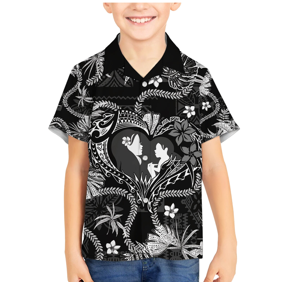 Hawaii Plumeria Family Matching Mermaid Dress and Hawaiian Shirt Hau'oli la Makuahine Monochrome LT7 Son's Shirt Black - Polynesian Pride