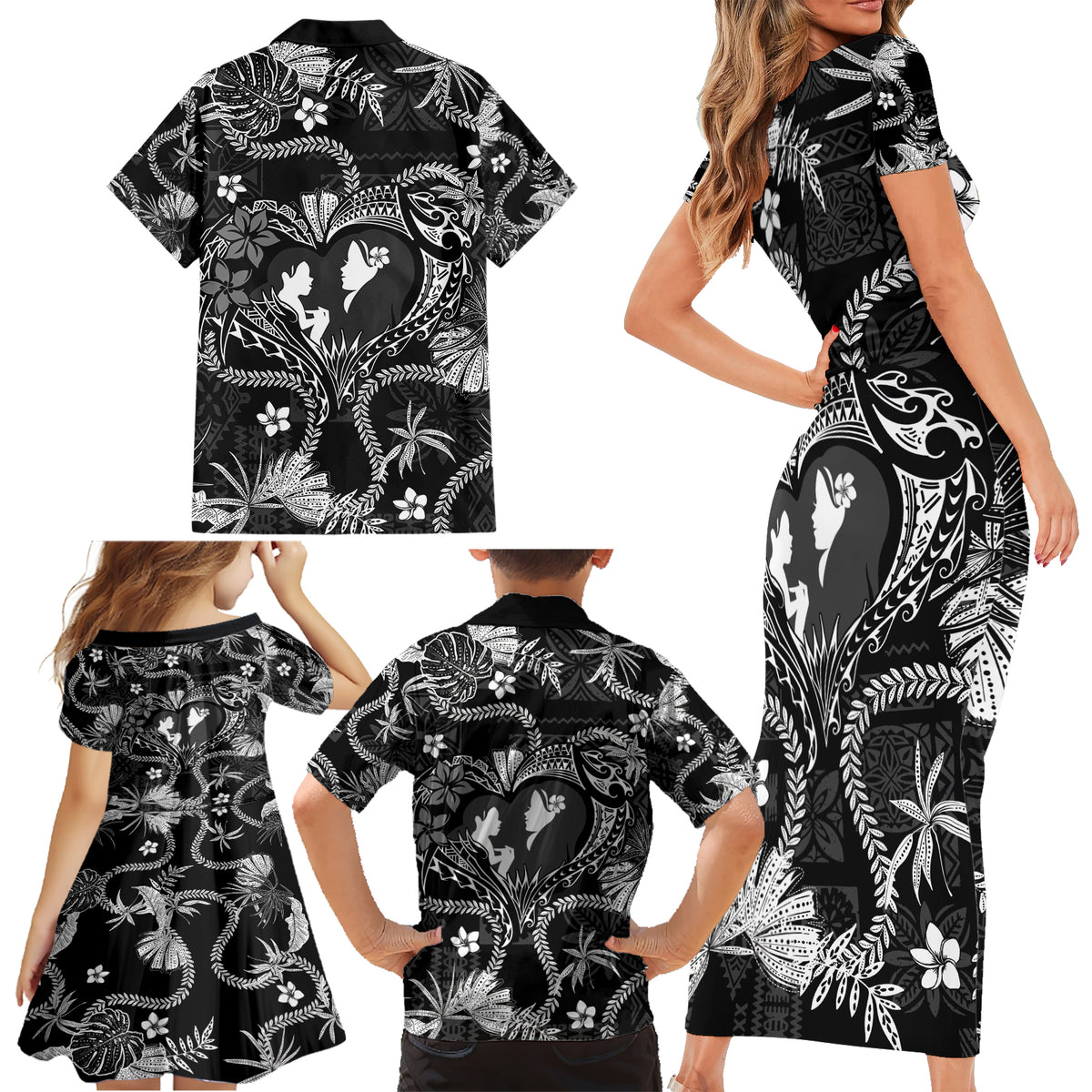 Hawaii Plumeria Family Matching Short Sleeve Bodycon Dress and Hawaiian Shirt Hau'oli la Makuahine Monochrome LT7 - Polynesian Pride