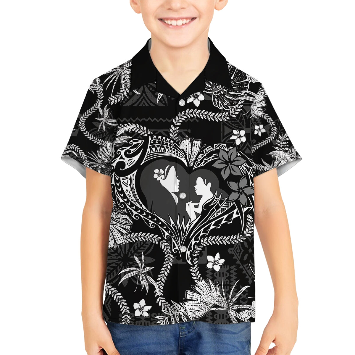 Hawaii Plumeria Family Matching Summer Maxi Dress and Hawaiian Shirt Hau'oli la Makuahine Monochrome LT7 Son's Shirt Black - Polynesian Pride