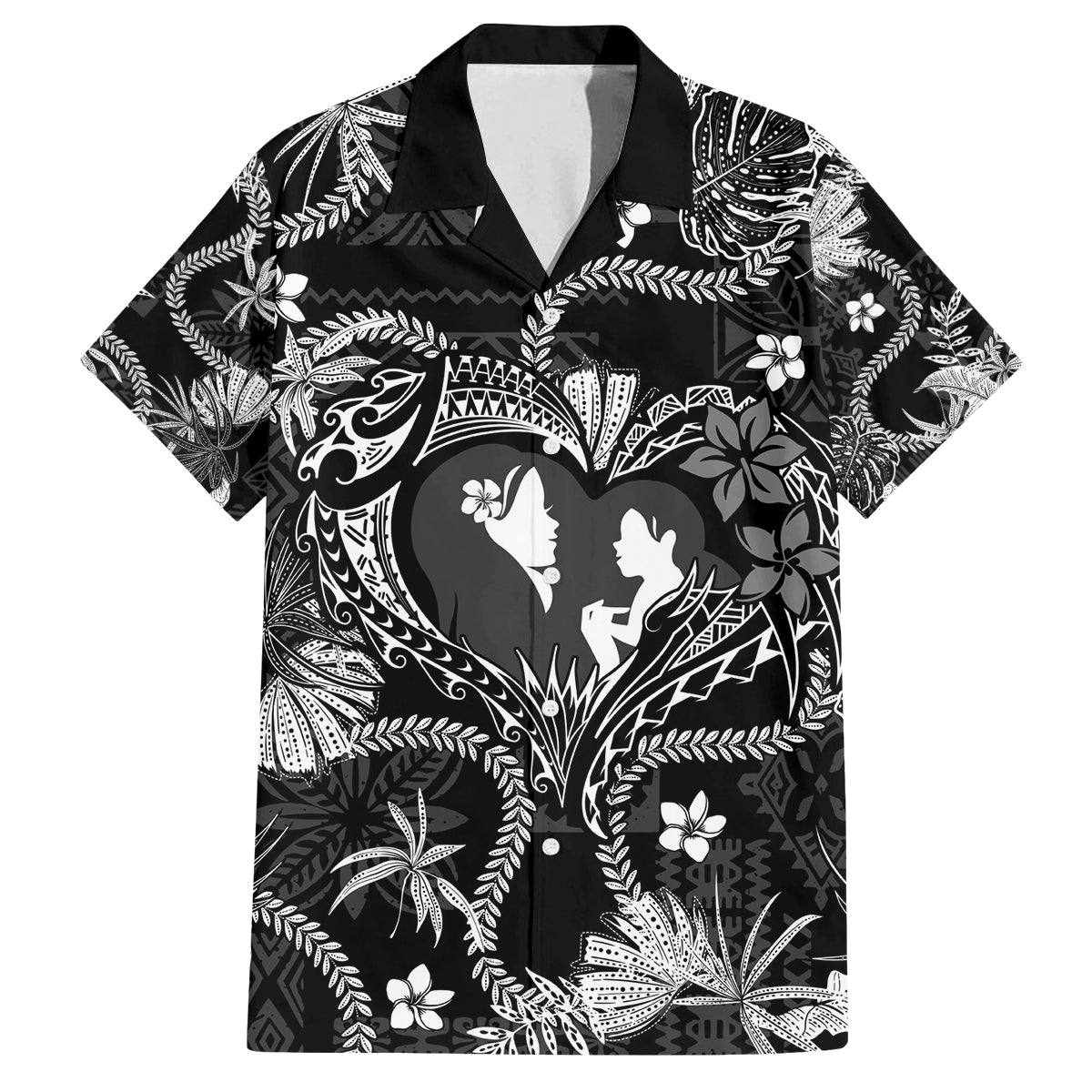Hawaii Plumeria Family Matching Tank Maxi Dress and Hawaiian Shirt Hau'oli la Makuahine Monochrome LT7 Dad's Shirt - Short Sleeve Black - Polynesian Pride
