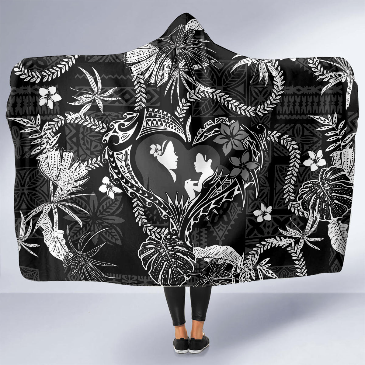 Hawaii Plumeria Hooded Blanket Hau'oli la Makuahine Monochrome LT7 - Polynesian Pride
