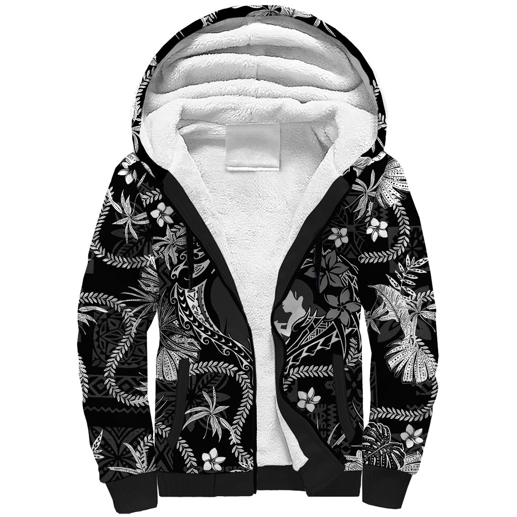 Hawaii Plumeria Sherpa Hoodie Hau'oli la Makuahine Monochrome LT7 Unisex Black - Polynesian Pride