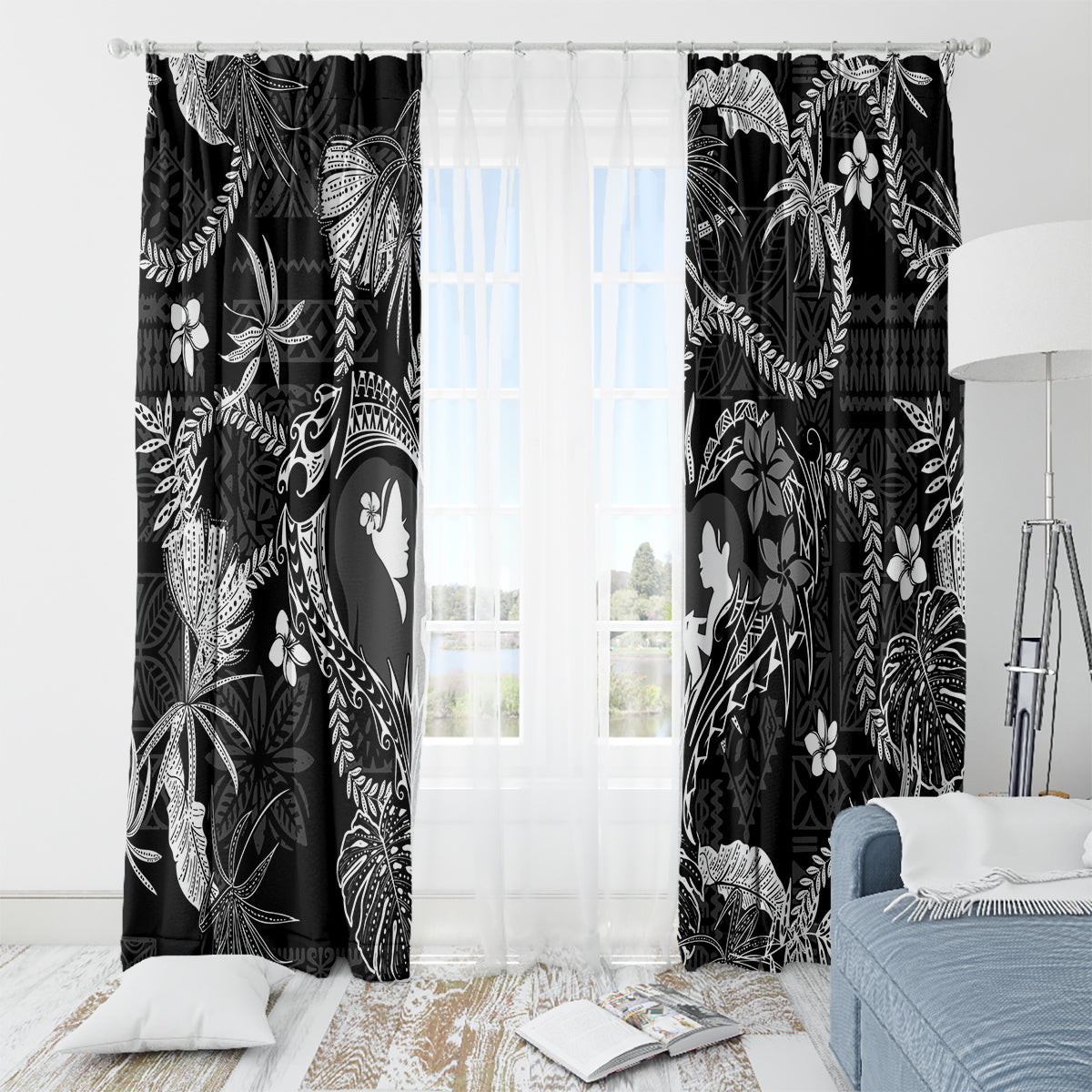 Hawaii Plumeria Window Curtain Hau'oli la Makuahine Monochrome LT7 - Polynesian Pride