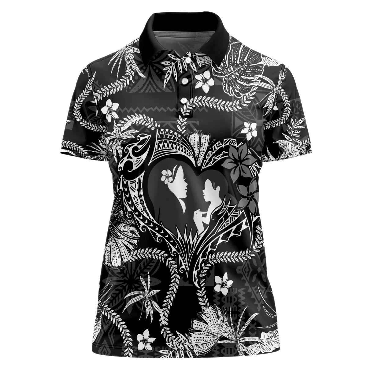 Hawaii Plumeria Women Polo Shirt Hau'oli la Makuahine Monochrome LT7 Female Black - Polynesian Pride