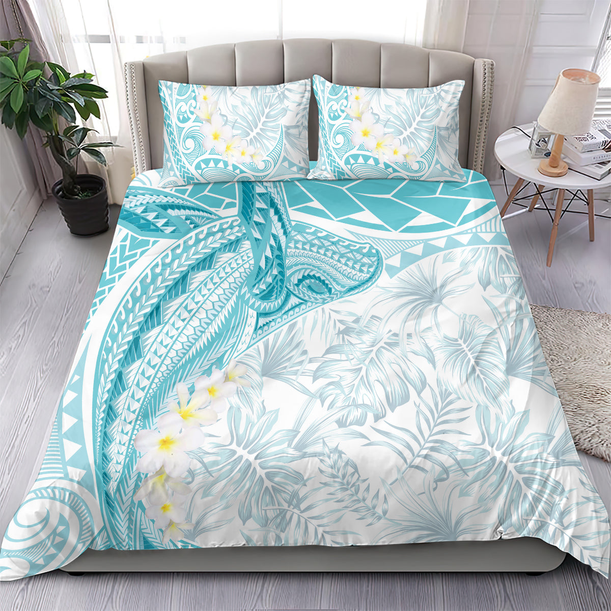 Polynesia Humpback Whale Bedding Set Tropical Plumeria Turquoise