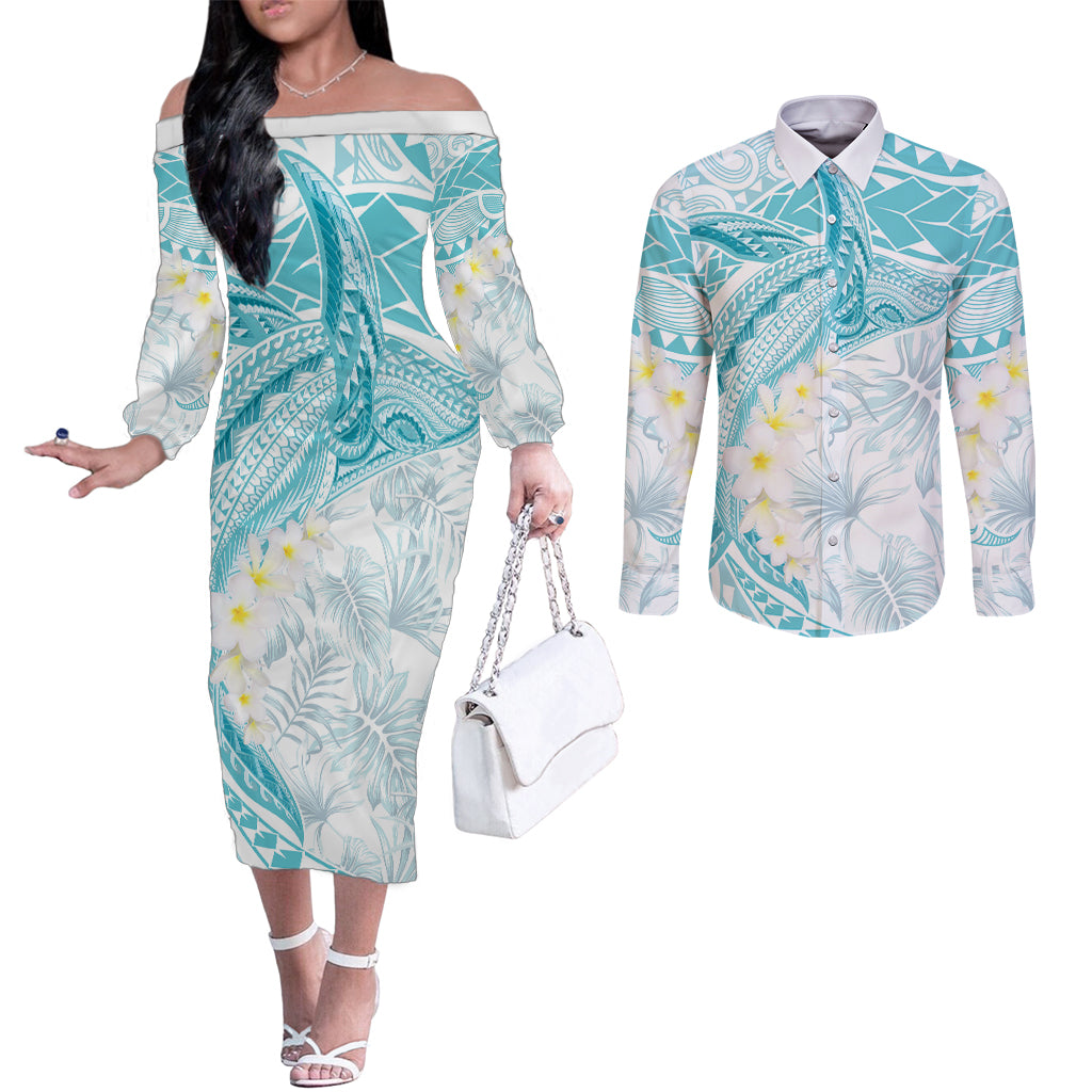 Polynesia Humpback Whale Couples Matching Off The Shoulder Long Sleeve Dress and Long Sleeve Button Shirt Tropical Plumeria Turquoise LT7 Turquoise - Polynesian Pride