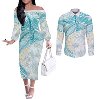 Polynesia Humpback Whale Couples Matching Off The Shoulder Long Sleeve Dress and Long Sleeve Button Shirt Tropical Plumeria Turquoise LT7 Turquoise - Polynesian Pride