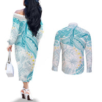 Polynesia Humpback Whale Couples Matching Off The Shoulder Long Sleeve Dress and Long Sleeve Button Shirt Tropical Plumeria Turquoise LT7 - Polynesian Pride