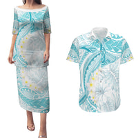 Polynesia Humpback Whale Couples Matching Puletasi and Hawaiian Shirt Tropical Plumeria Turquoise