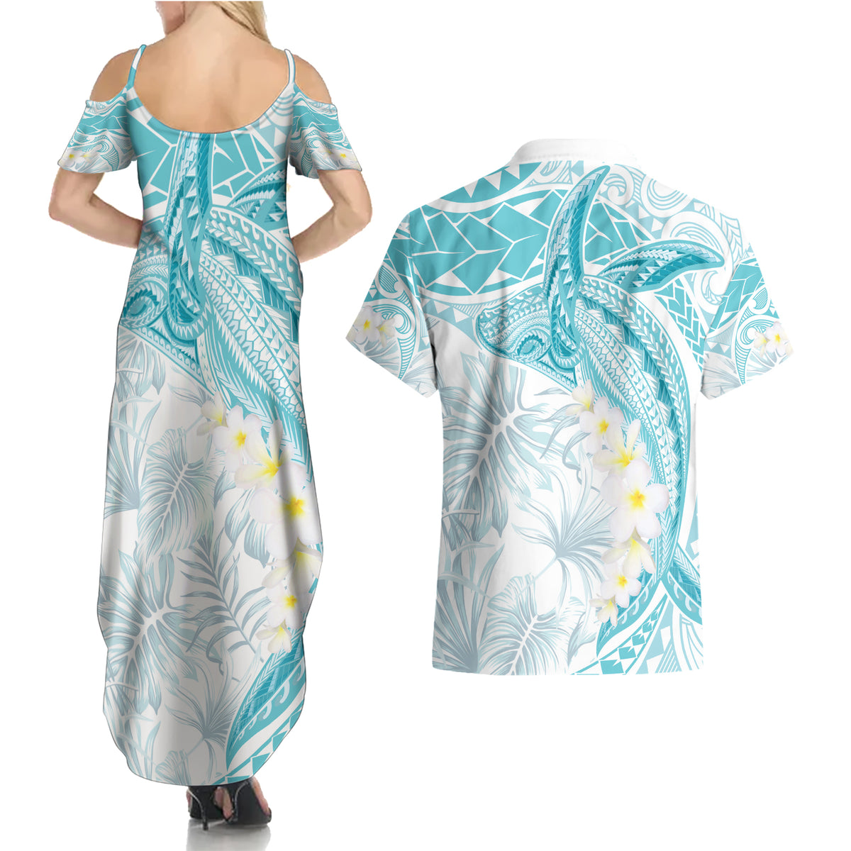 Polynesia Humpback Whale Couples Matching Summer Maxi Dress and Hawaiian Shirt Tropical Plumeria Turquoise