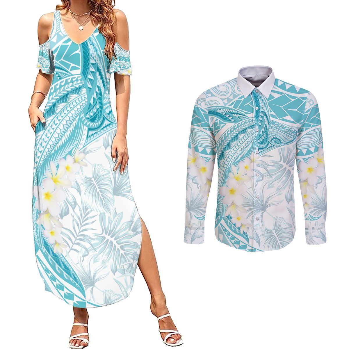 Polynesia Humpback Whale Couples Matching Summer Maxi Dress and Long Sleeve Button Shirt Tropical Plumeria Turquoise LT7 Turquoise - Polynesian Pride