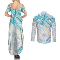 Polynesia Humpback Whale Couples Matching Summer Maxi Dress and Long Sleeve Button Shirt Tropical Plumeria Turquoise LT7 - Polynesian Pride