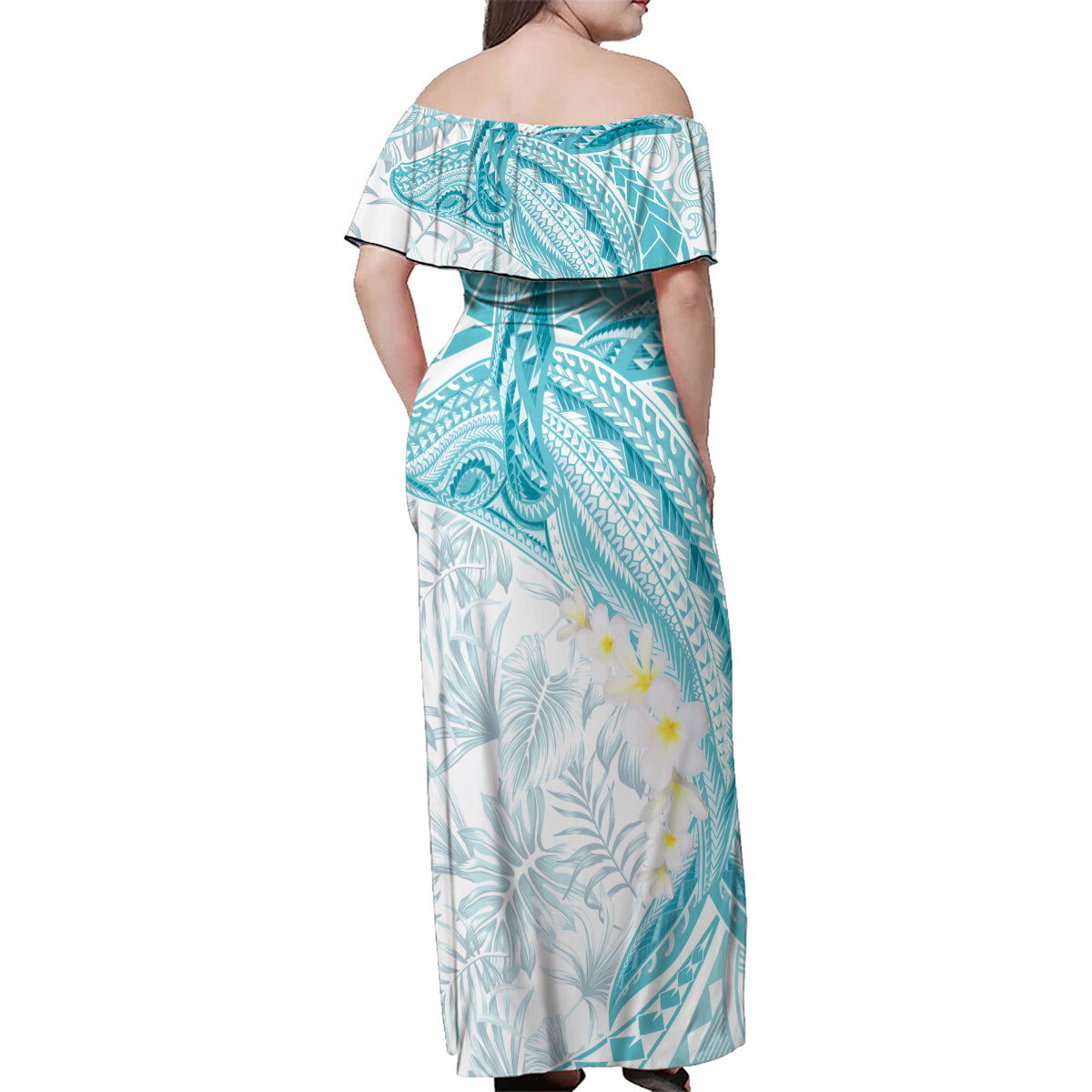 Polynesia Humpback Whale Family Matching Off Shoulder Maxi Dress and Hawaiian Shirt Tropical Plumeria Turquoise