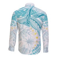 Polynesia Humpback Whale Long Sleeve Button Shirt Tropical Plumeria Turquoise