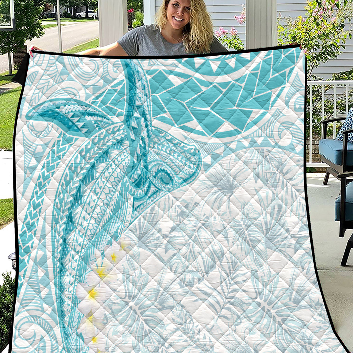Polynesia Humpback Whale Quilt Tropical Plumeria Turquoise LT7 Turquoise - Polynesian Pride