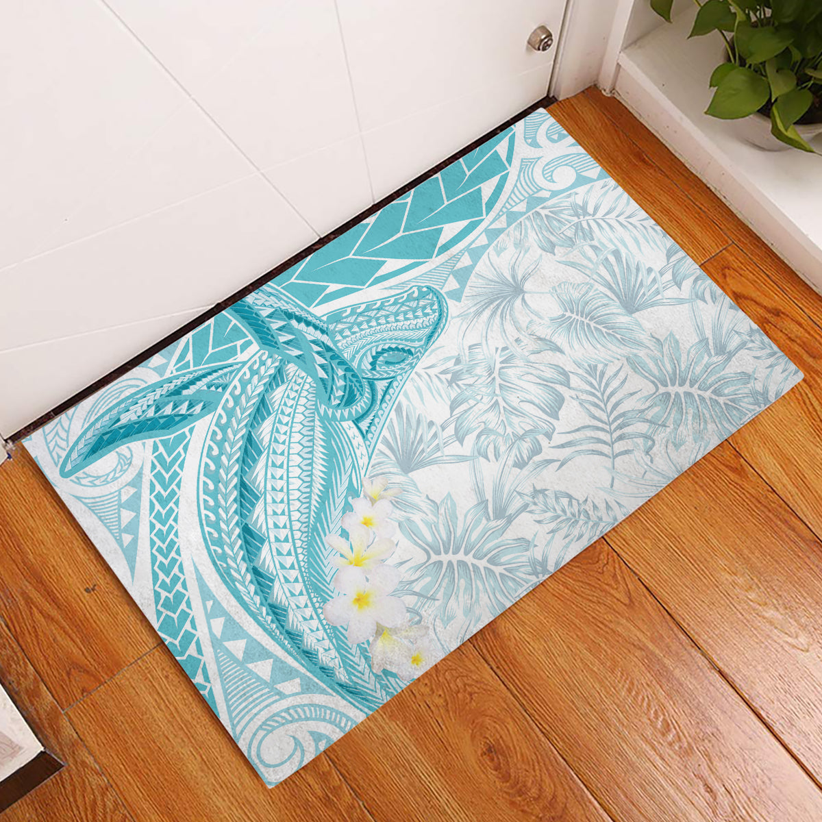 Polynesia Humpback Whale Rubber Doormat Tropical Plumeria Turquoise