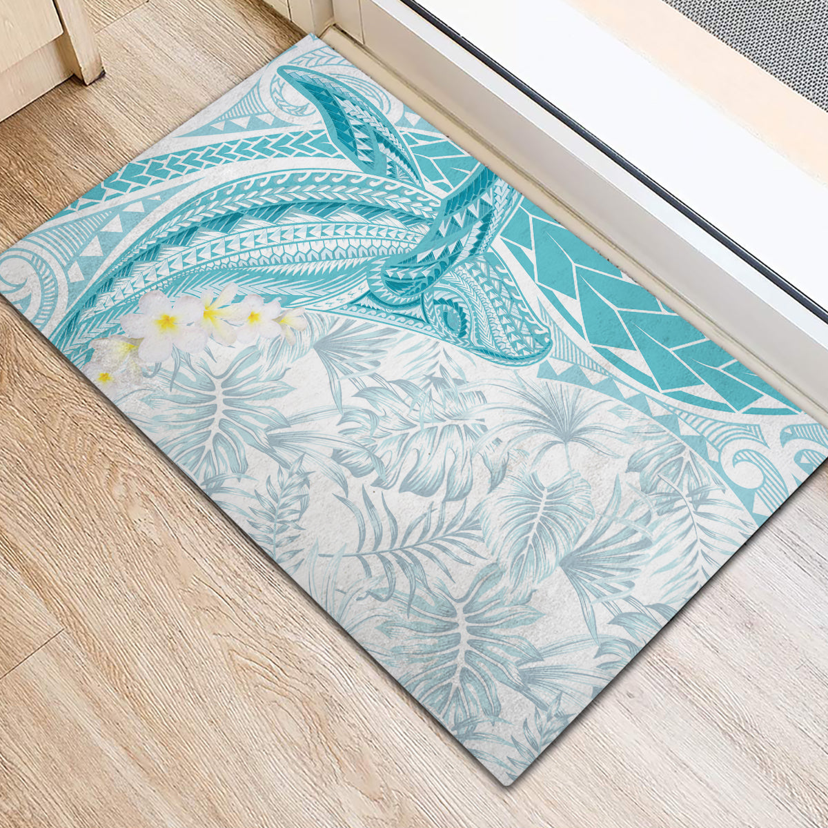Polynesia Humpback Whale Rubber Doormat Tropical Plumeria Turquoise