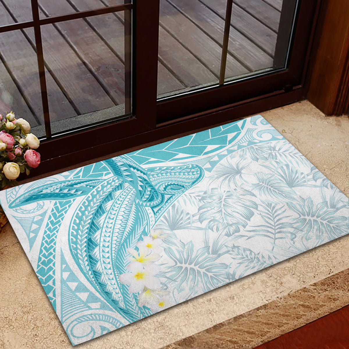 Polynesia Humpback Whale Rubber Doormat Tropical Plumeria Turquoise
