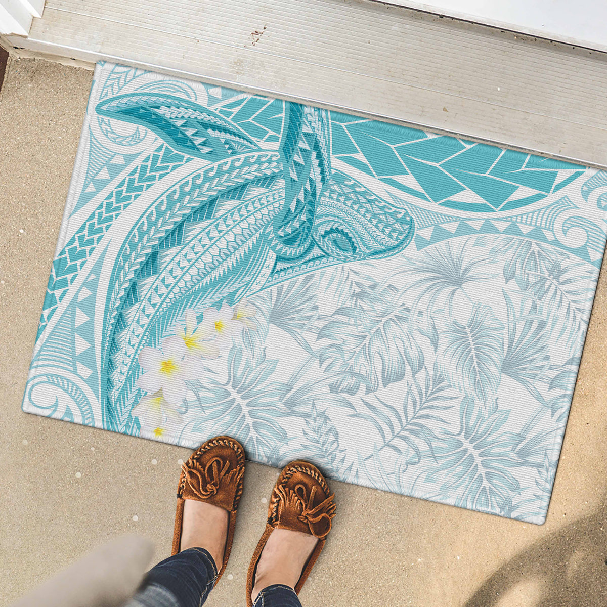 Polynesia Humpback Whale Rubber Doormat Tropical Plumeria Turquoise