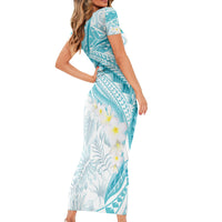 Polynesia Humpback Whale Short Sleeve Bodycon Dress Tropical Plumeria Turquoise