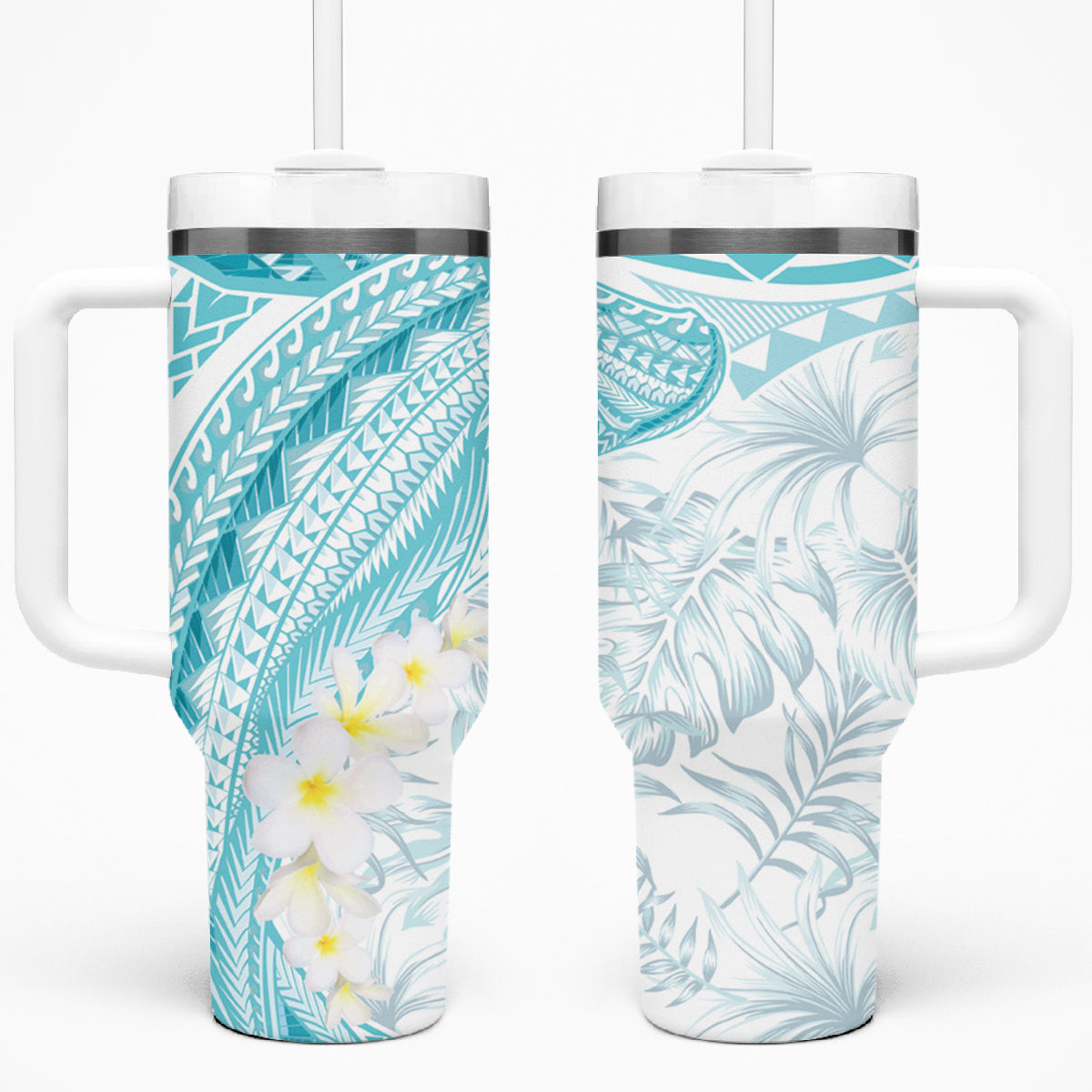 Polynesia Humpback Whale Tumbler With Handle Tropical Plumeria Turquoise