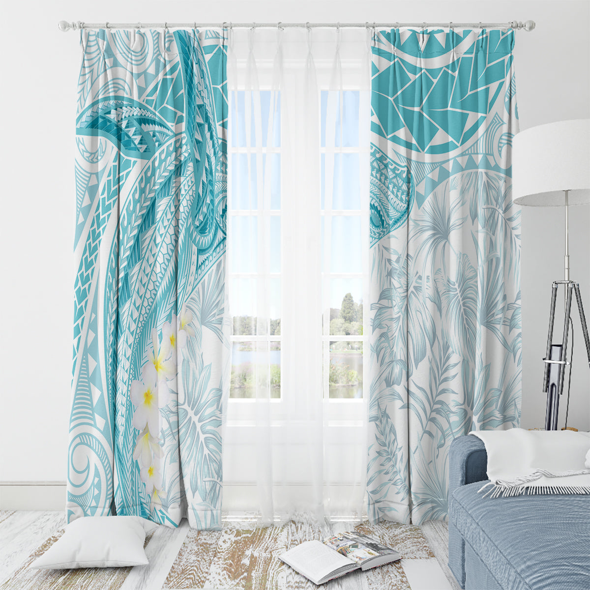 Polynesia Humpback Whale Window Curtain Tropical Plumeria Turquoise