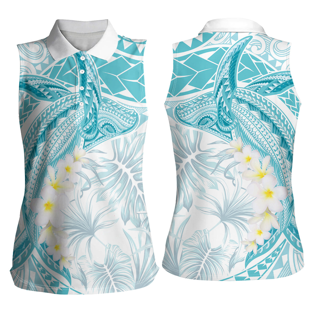 Polynesia Humpback Whale Women Sleeveless Polo Shirt Tropical Plumeria Turquoise