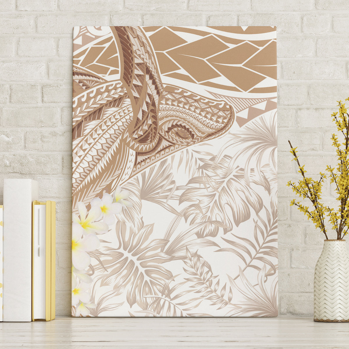 Polynesia Humpback Whale Canvas Wall Art Tropical Plumeria Beige