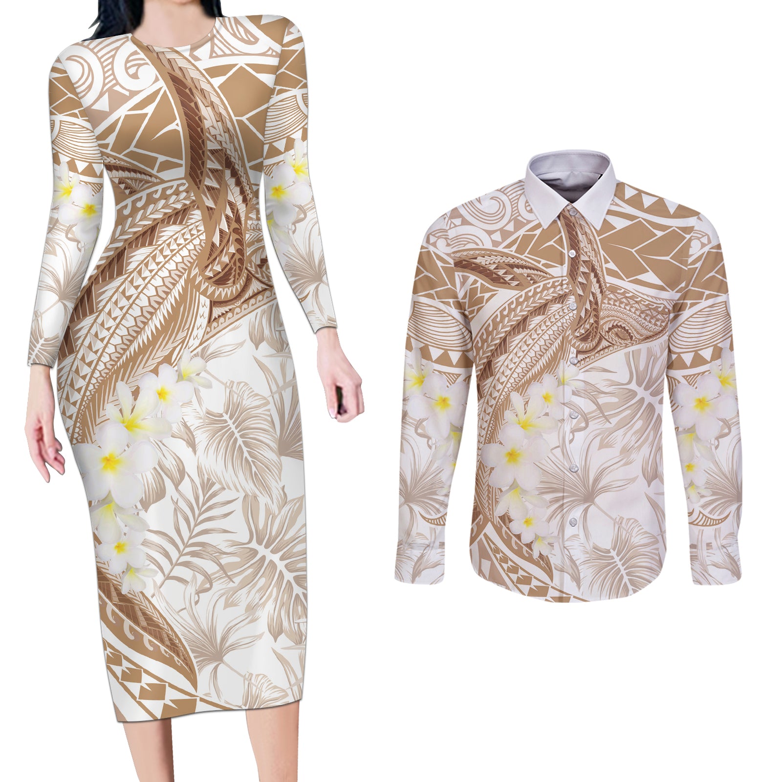 Polynesia Humpback Whale Couples Matching Long Sleeve Bodycon Dress and Long Sleeve Button Shirt Tropical Plumeria Beige