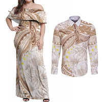 Polynesia Humpback Whale Couples Matching Off Shoulder Maxi Dress and Long Sleeve Button Shirt Tropical Plumeria Beige
