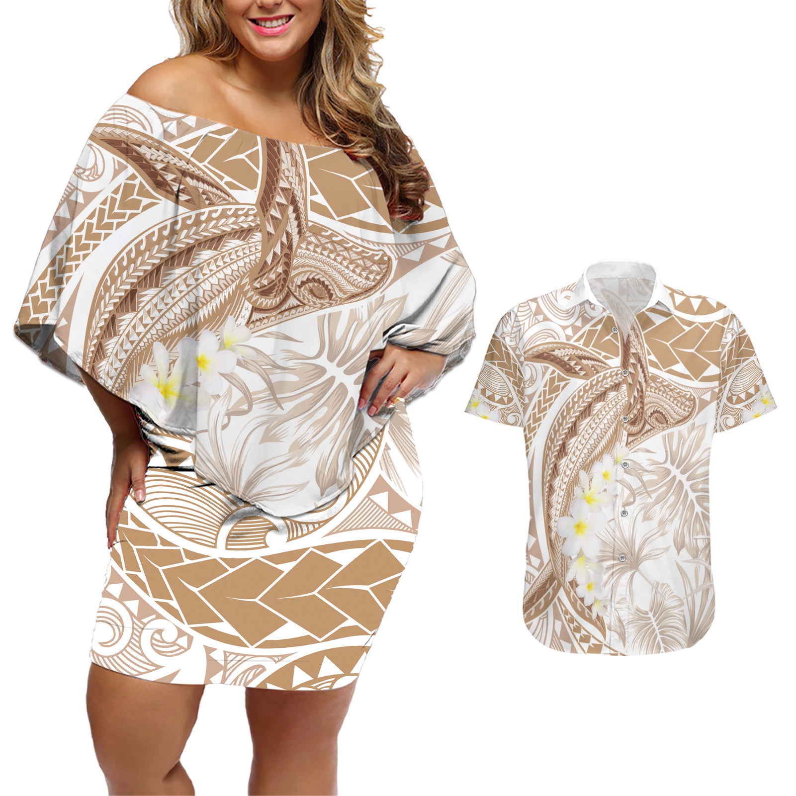 Polynesia Humpback Whale Couples Matching Off Shoulder Short Dress and Hawaiian Shirt Tropical Plumeria Beige