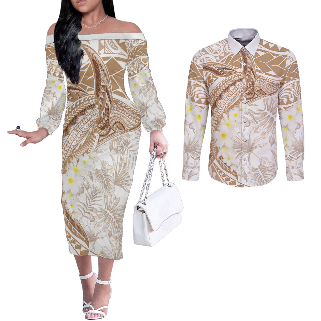 Polynesia Humpback Whale Couples Matching Off The Shoulder Long Sleeve Dress and Long Sleeve Button Shirt Tropical Plumeria Beige LT7 Beige - Polynesian Pride