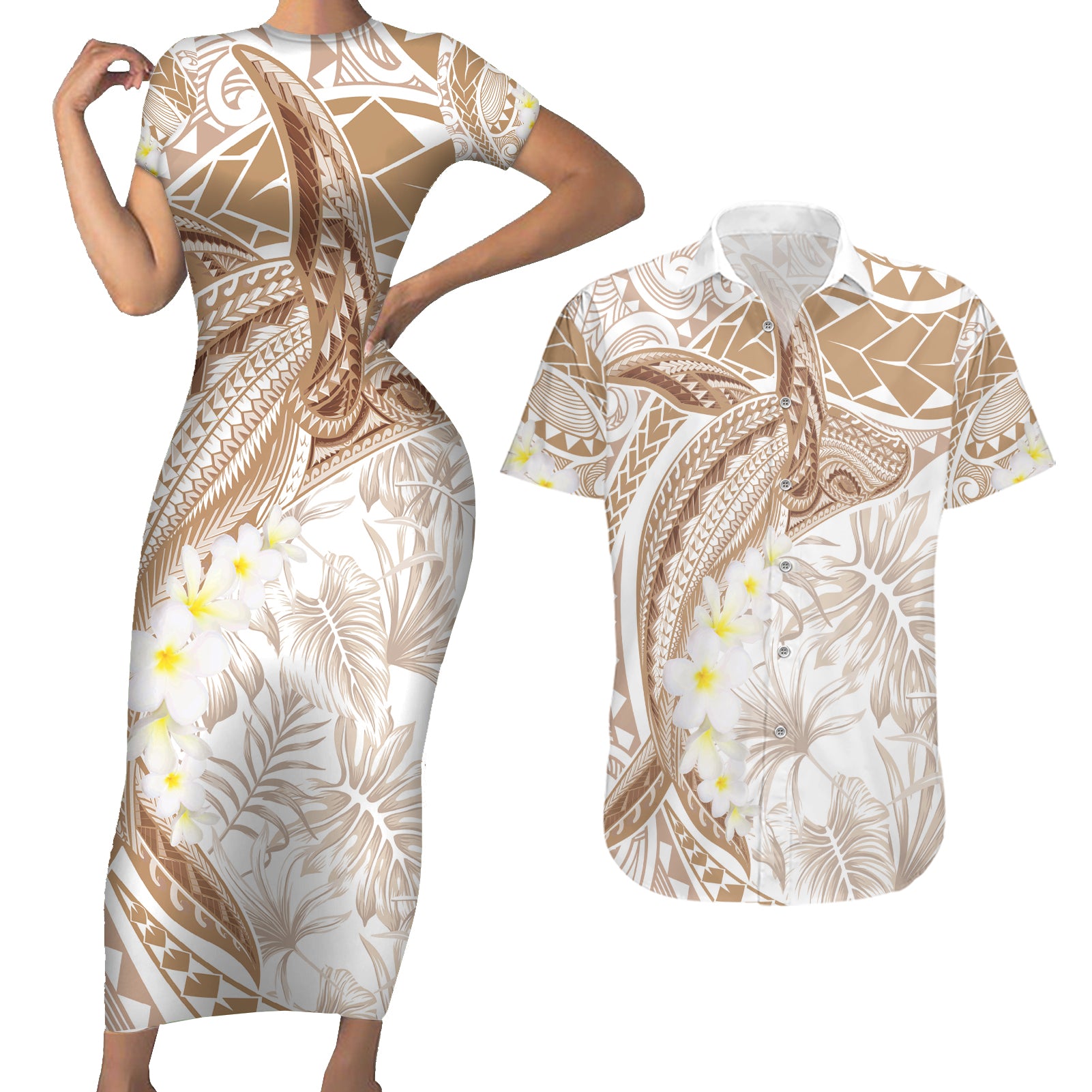 Polynesia Humpback Whale Couples Matching Short Sleeve Bodycon Dress and Hawaiian Shirt Tropical Plumeria Beige