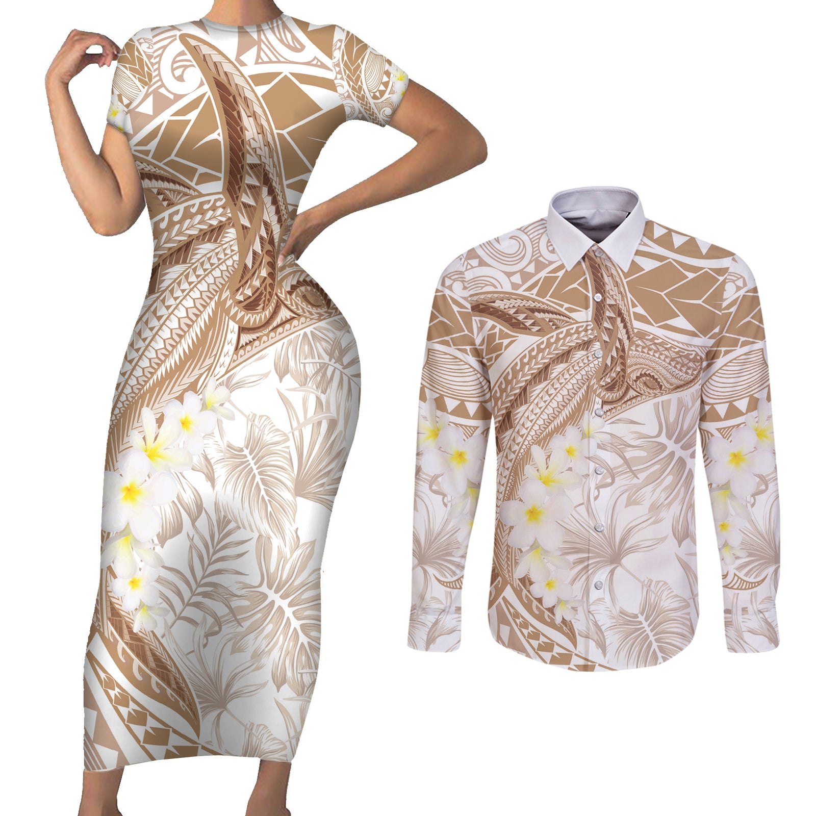 Polynesia Humpback Whale Couples Matching Short Sleeve Bodycon Dress and Long Sleeve Button Shirt Tropical Plumeria Beige