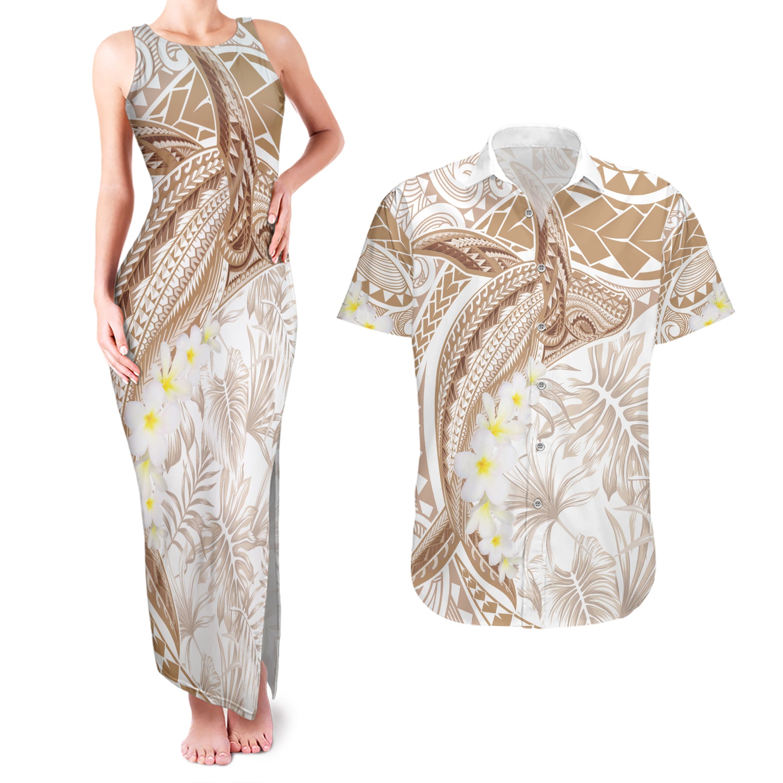 Polynesia Humpback Whale Couples Matching Tank Maxi Dress and Hawaiian Shirt Tropical Plumeria Beige