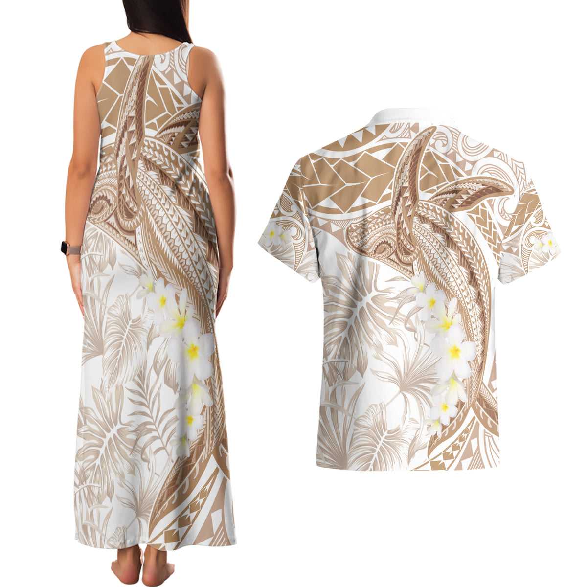 Polynesia Humpback Whale Couples Matching Tank Maxi Dress and Hawaiian Shirt Tropical Plumeria Beige