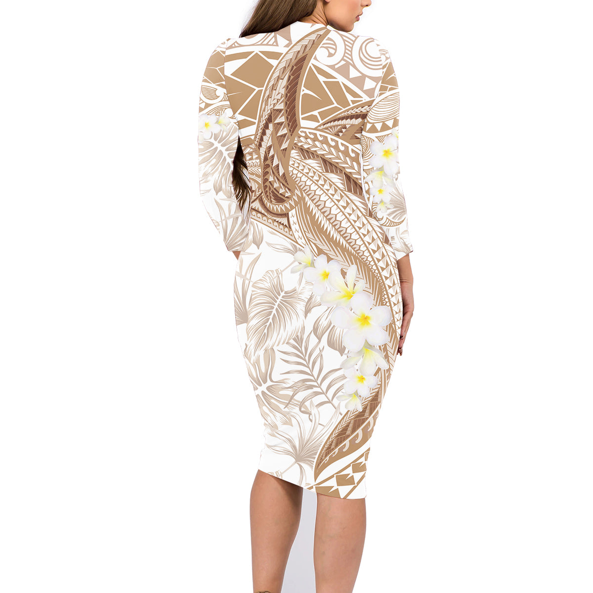 Polynesia Humpback Whale Family Matching Long Sleeve Bodycon Dress and Hawaiian Shirt Tropical Plumeria Beige