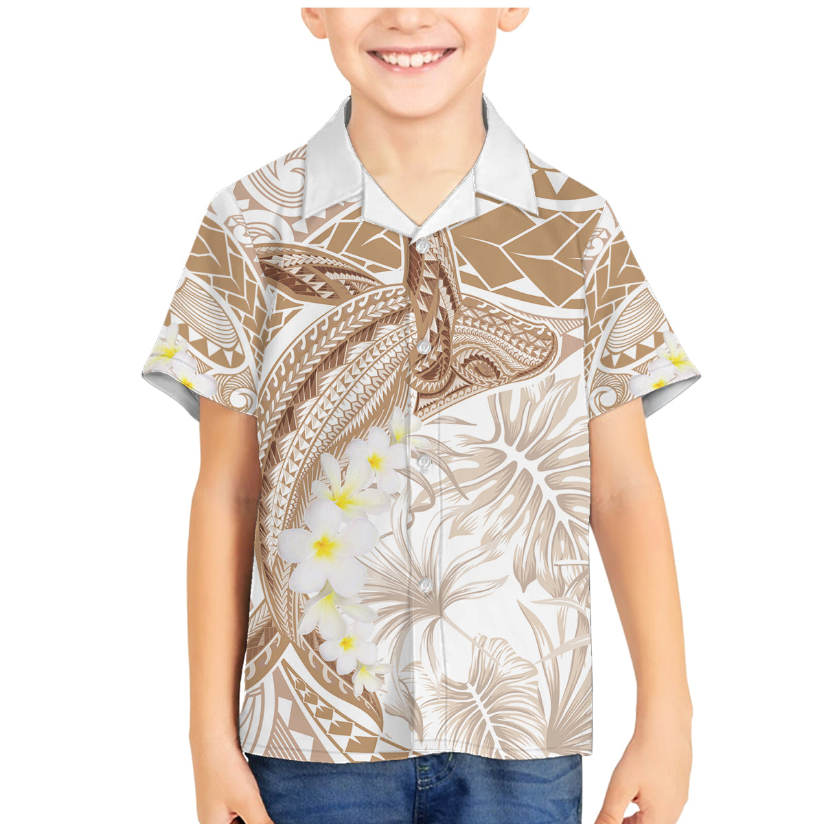 Polynesia Humpback Whale Family Matching Mermaid Dress and Hawaiian Shirt Tropical Plumeria Beige