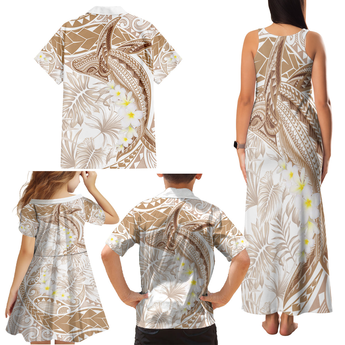 Polynesia Humpback Whale Family Matching Tank Maxi Dress and Hawaiian Shirt Tropical Plumeria Beige