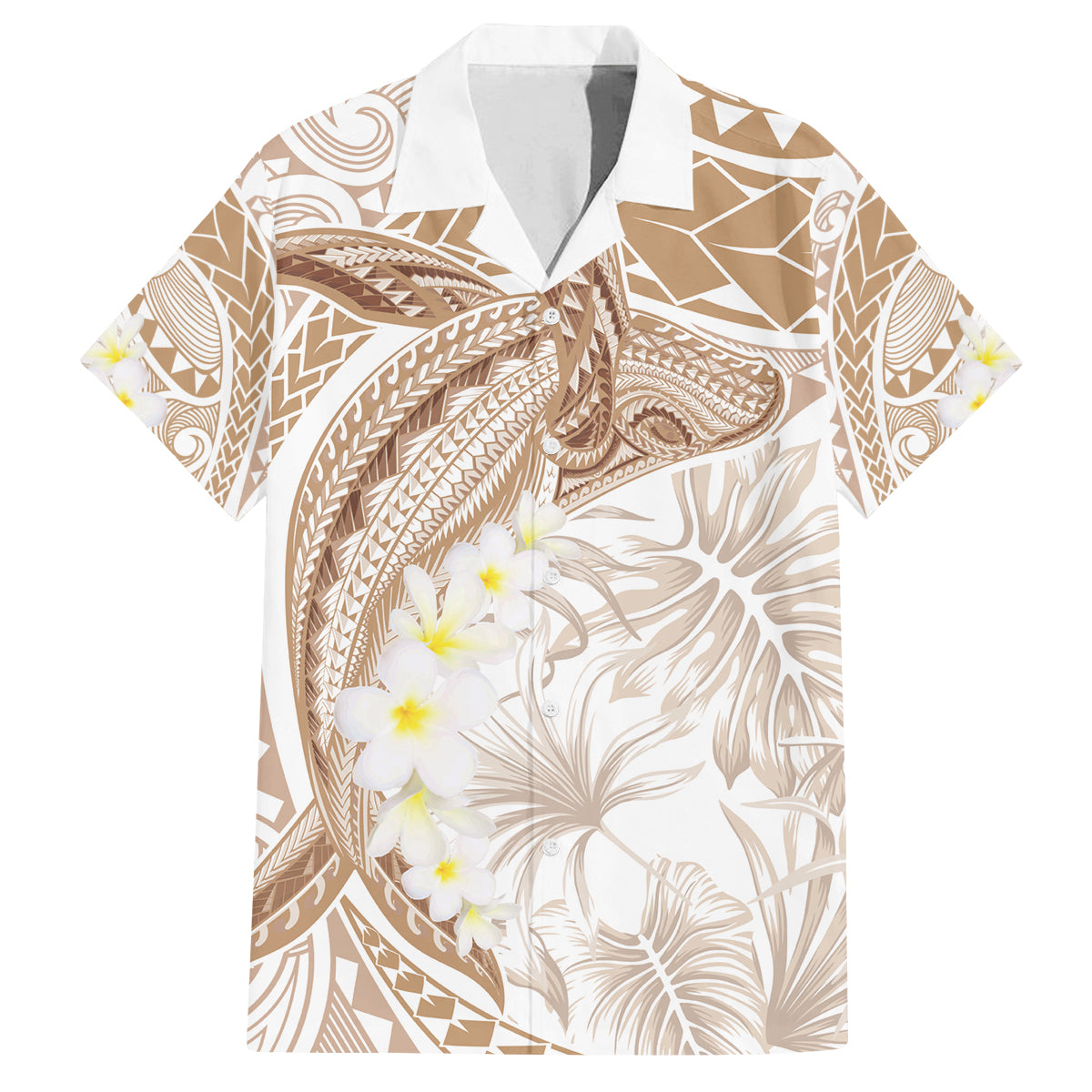 Polynesia Humpback Whale Family Matching Tank Maxi Dress and Hawaiian Shirt Tropical Plumeria Beige