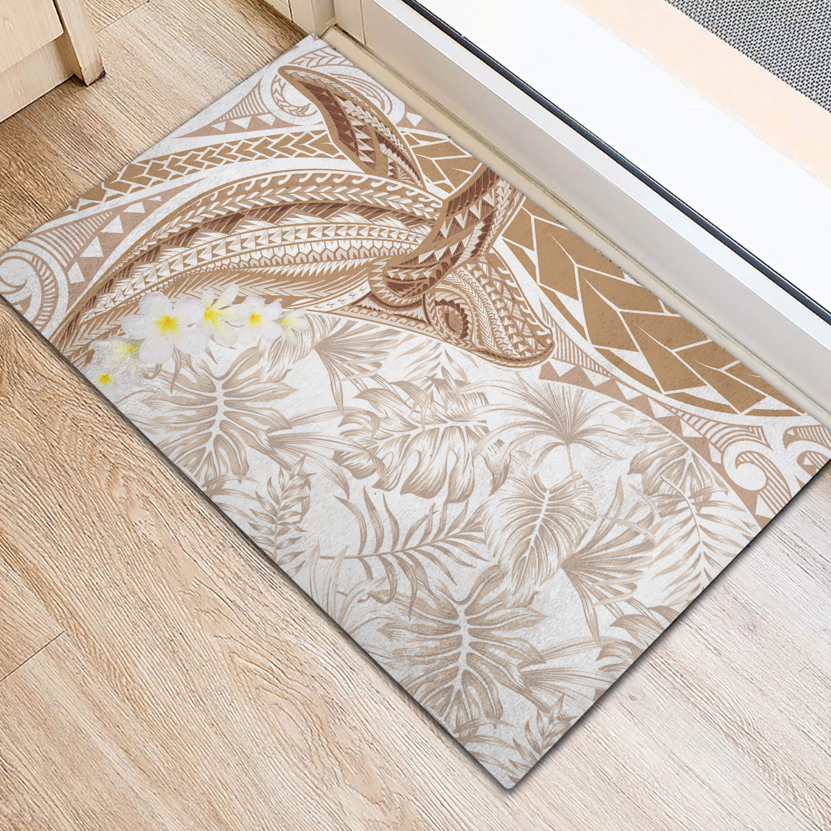 Polynesia Humpback Whale Rubber Doormat Tropical Plumeria Beige