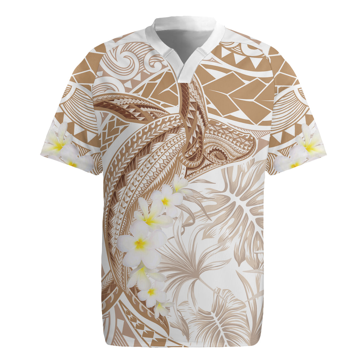 Polynesia Humpback Whale Rugby Jersey Tropical Plumeria Beige