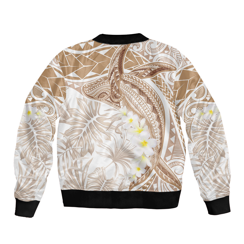 Polynesia Humpback Whale Sleeve Zip Bomber Jacket Tropical Plumeria Beige