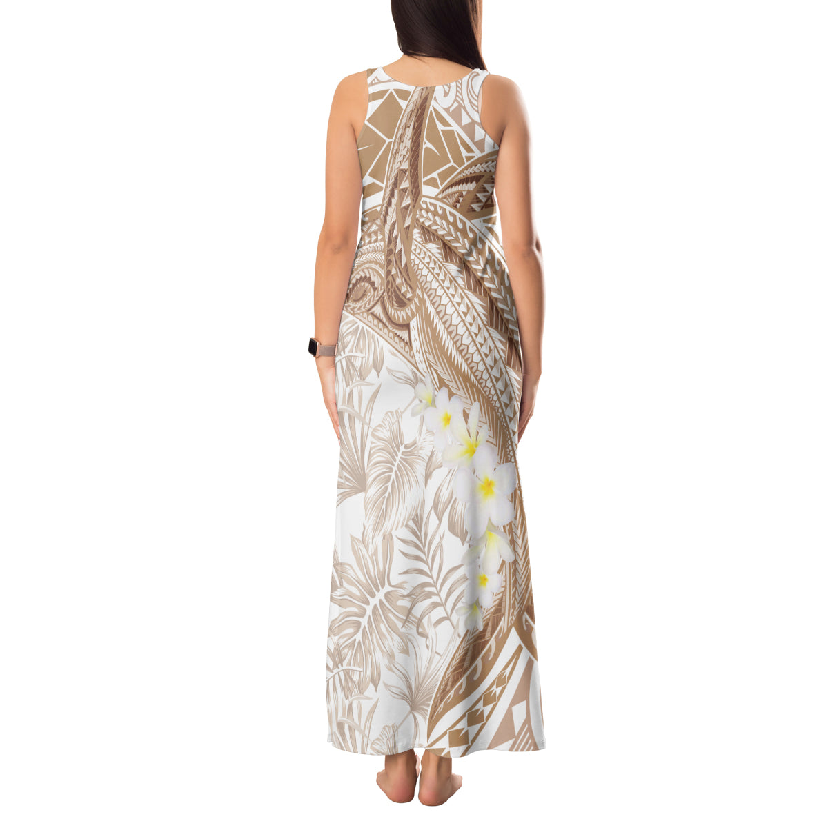 Polynesia Humpback Whale Tank Maxi Dress Tropical Plumeria Beige