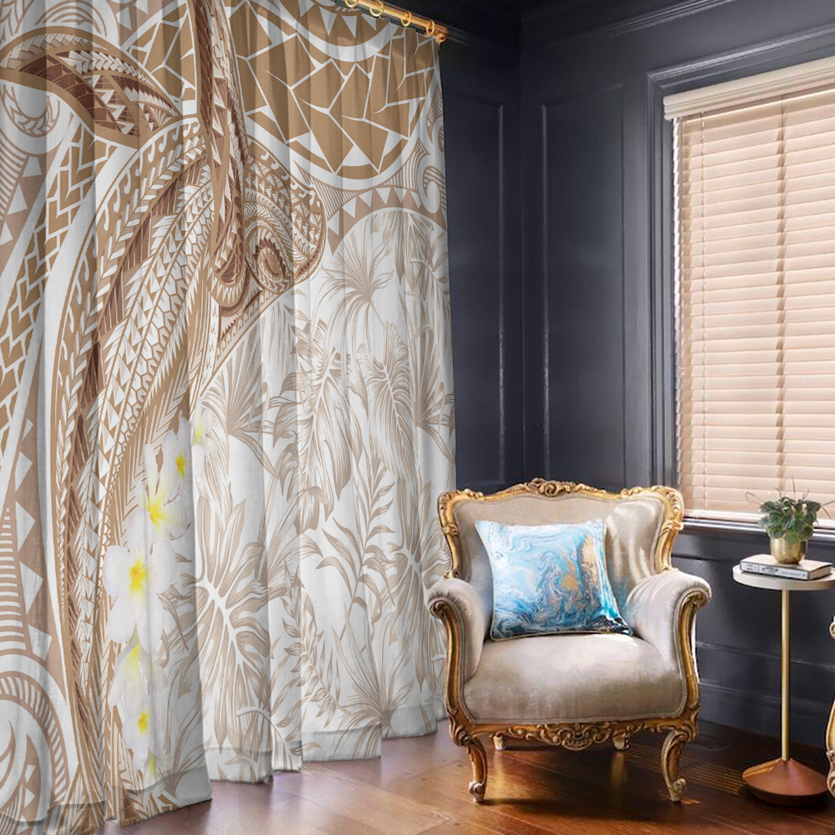 Polynesia Humpback Whale Window Curtain Tropical Plumeria Beige