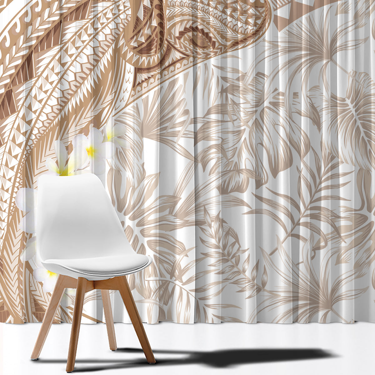 Polynesia Humpback Whale Window Curtain Tropical Plumeria Beige