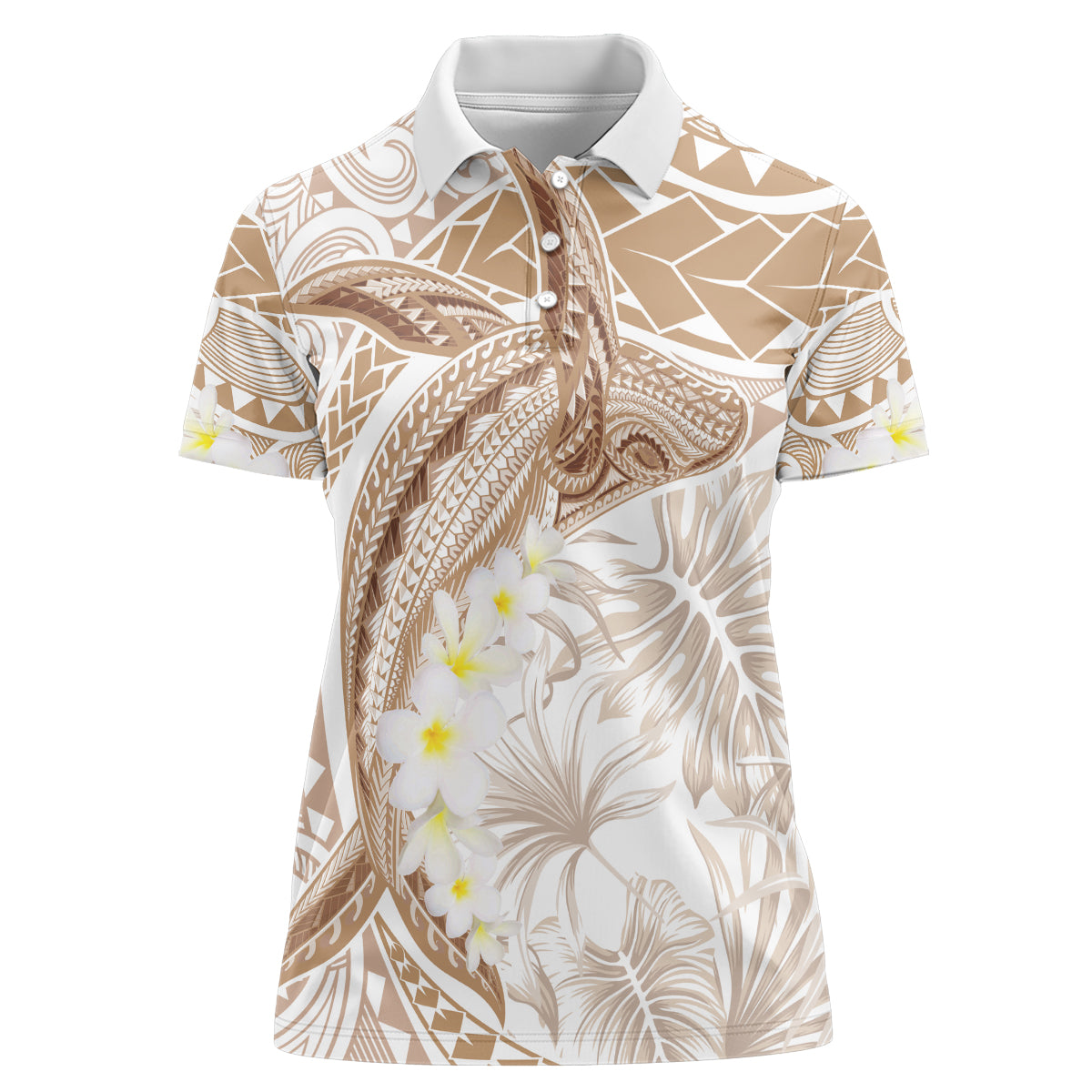 Polynesia Humpback Whale Women Polo Shirt Tropical Plumeria Beige