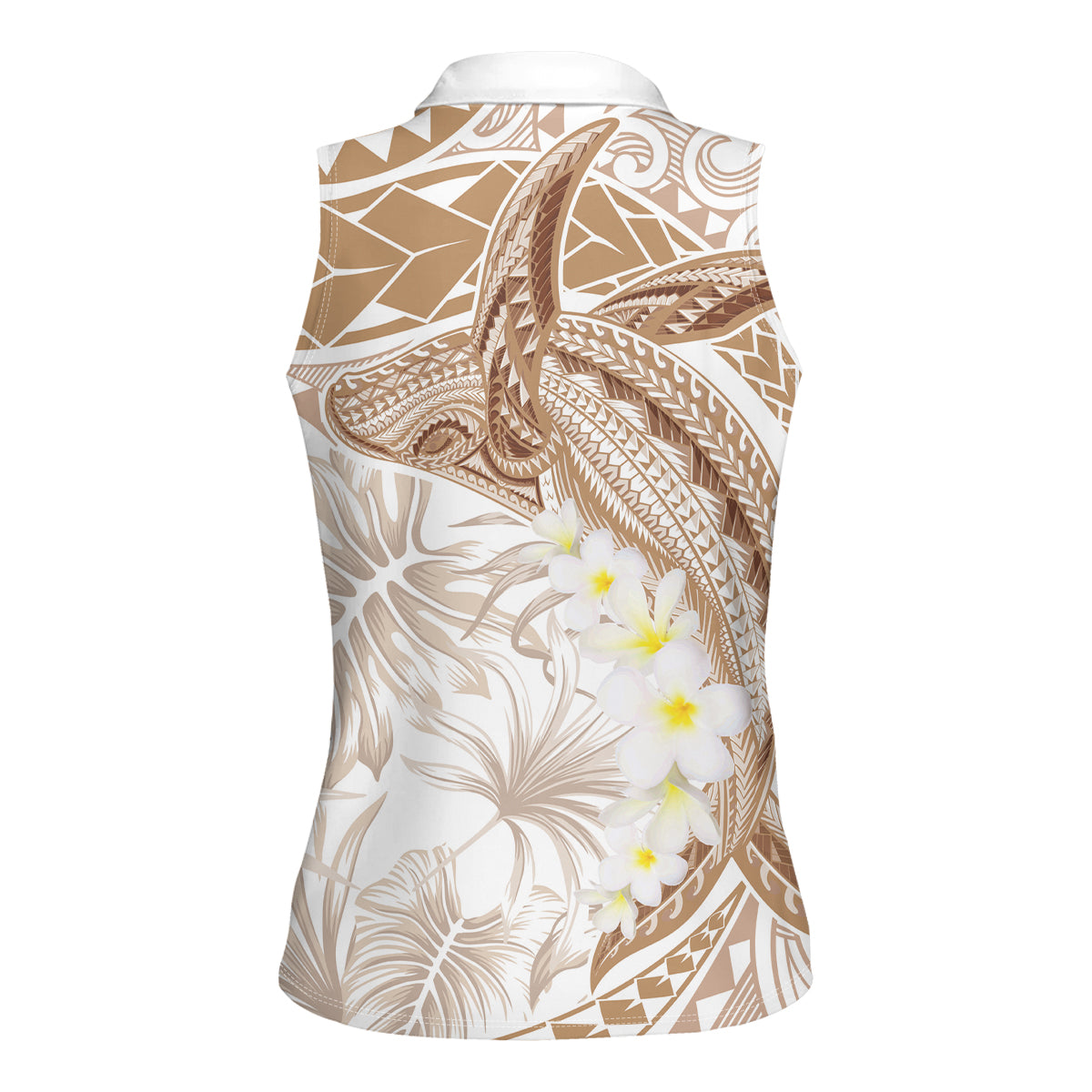 Polynesia Humpback Whale Women Sleeveless Polo Shirt Tropical Plumeria Beige
