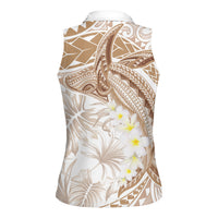 Polynesia Humpback Whale Women Sleeveless Polo Shirt Tropical Plumeria Beige