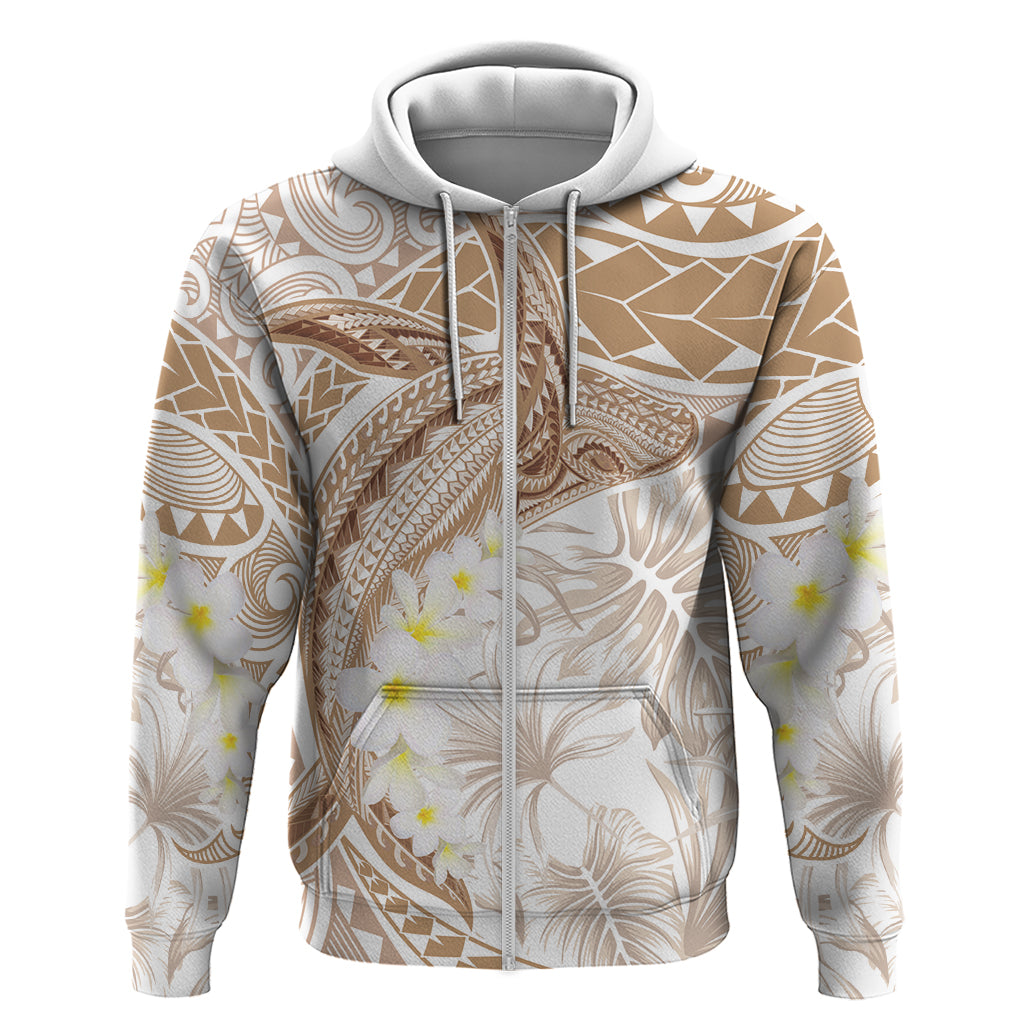 Polynesia Humpback Whale Zip Hoodie Tropical Plumeria Beige